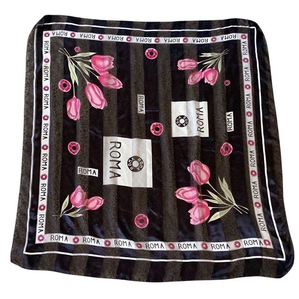 Vintage Roma Rome Souvenir Square Scarf 39” Black Pink Tulips